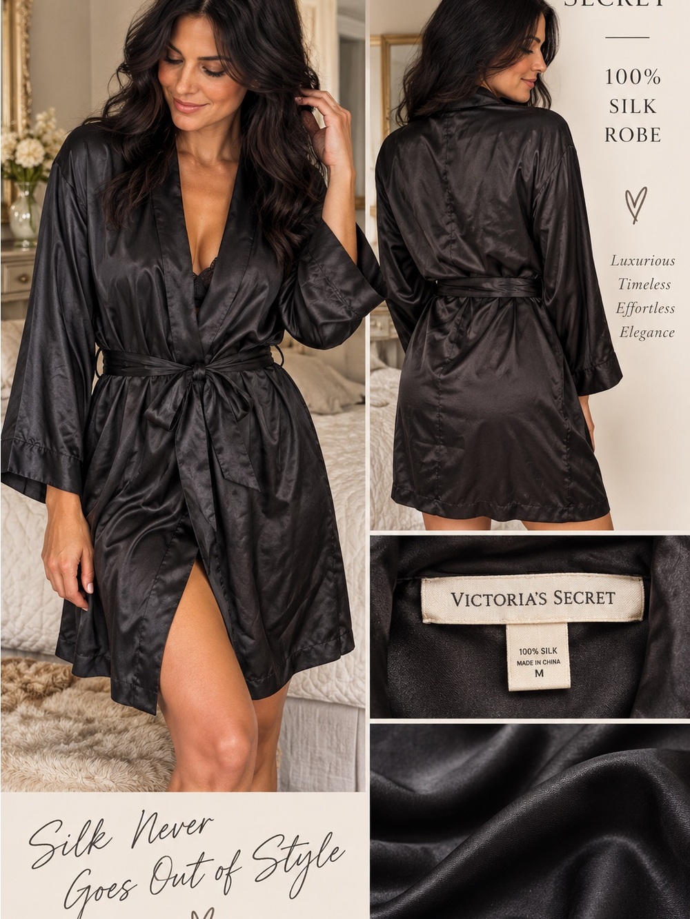 Victoria’s Secret 100% Silk Robe Women’s Size M/L Black Kimono Belted #1218CL